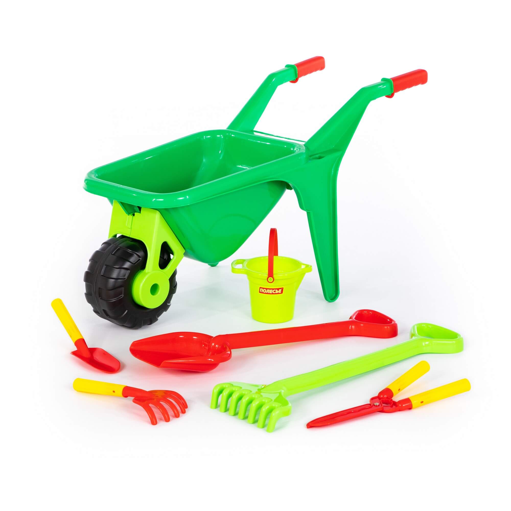 Полесье Набор №454: тачка "Садовод" №2, ведро малое с носиком, лопата большая, грабли большие, совок №29, грабельки №25, секатор